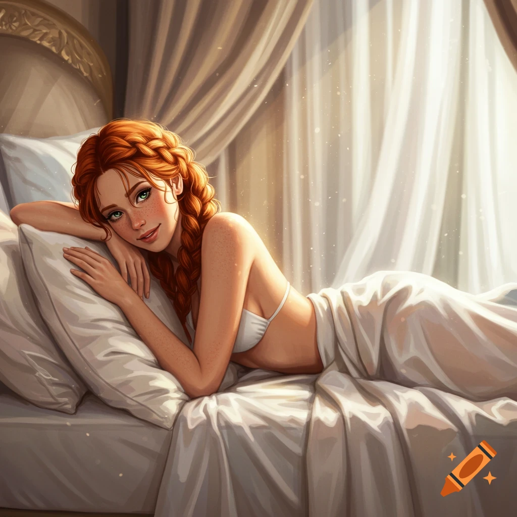 Digital illustration of a smiling redhead woman with braided hair, wearing a white bikini top, lying in bed.