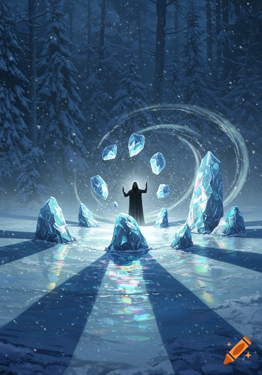 A dark robed figure with raised hands conjures glowing blue ice crystals in a snow-covered winter forest, surrounded by large ice formations.
