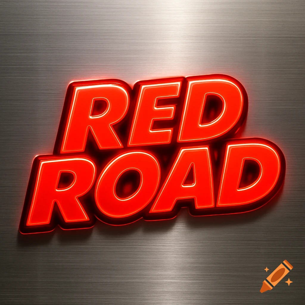 Red 'RED ROAD' neon-style text logo against a brushed metal background.