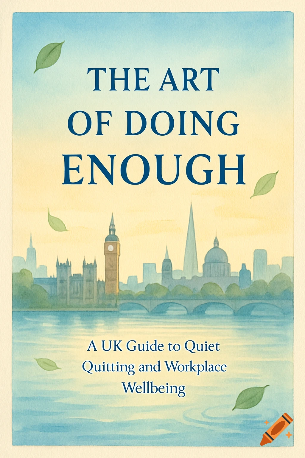 A watercolor book cover titled "The Art of Doing Enough", featuring a London skyline with Big Ben and a river, with green leaves.