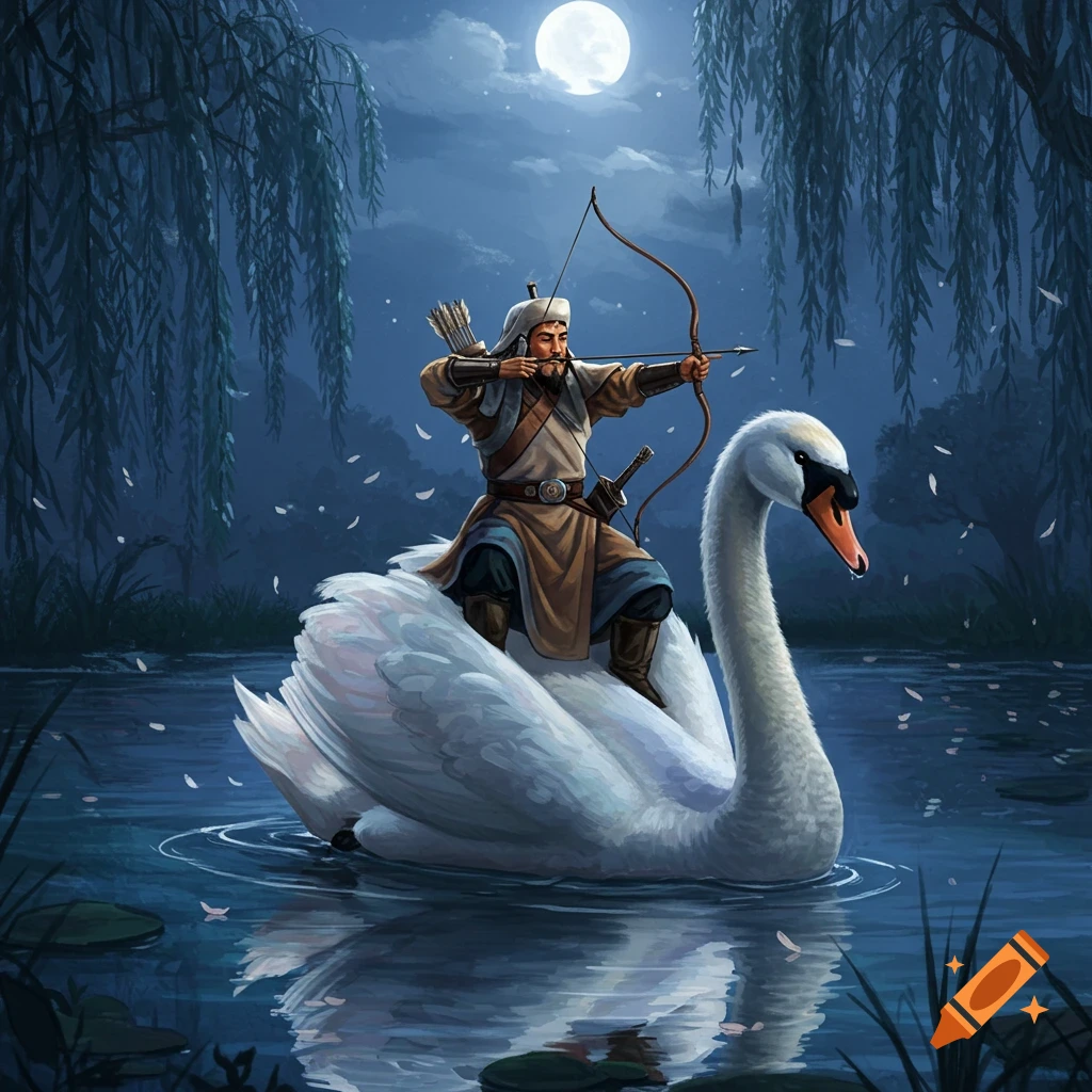 An illustrated man resembling Gengis Khan rides a large white swan on a dark lake under a full moon, aiming a bow and arrow.