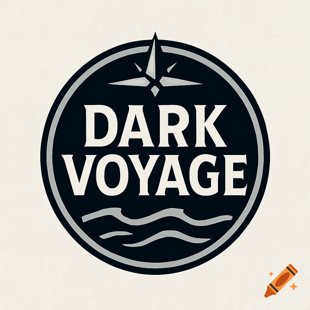 A circular black and white logo featuring a compass rose, wavy lines, and the text 'DARK VOYAGE'.