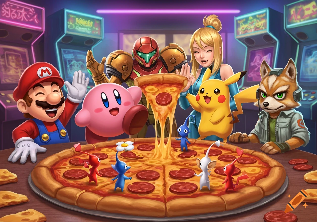 Mario, Kirby, Samus, Pikachu, and Fox gather around a large pepperoni pizza with Pikmin, inside a vibrant arcade, in a cheerful digital art style.