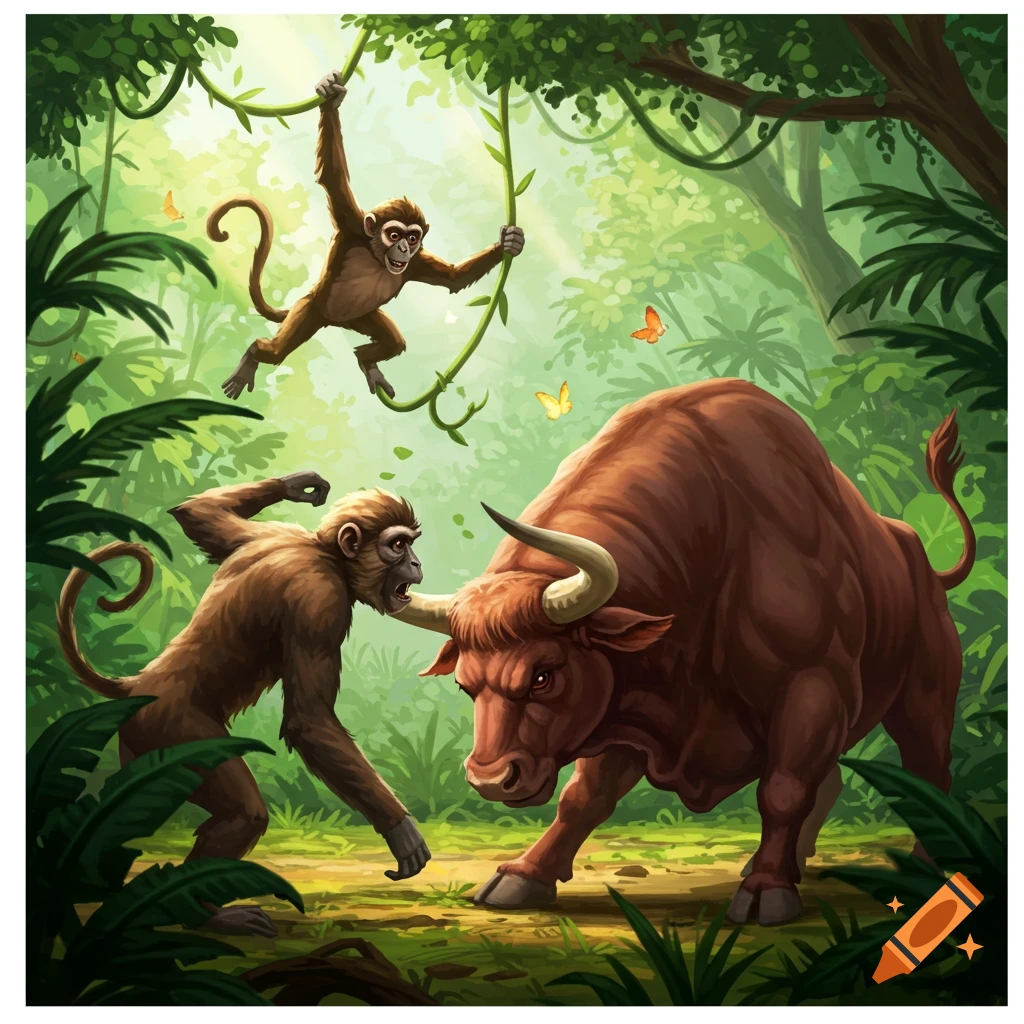 Two brown monkeys and a large bull confront each other in a lush green jungle illustration, with one monkey swinging from a vine.