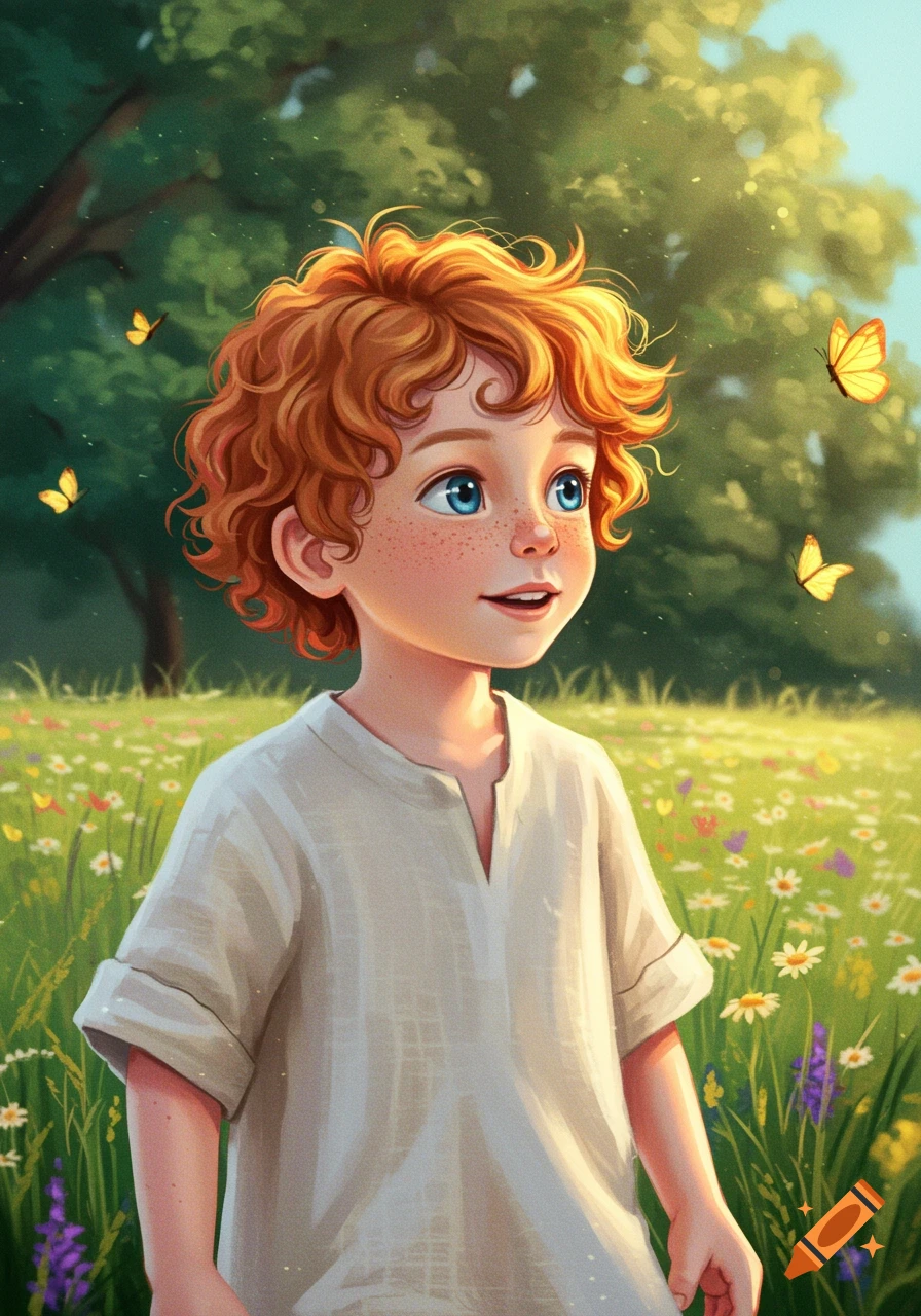 A smiling, curly redhead boy with blue eyes stands in a sunny field with wildflowers and yellow butterflies in an illustrative style.