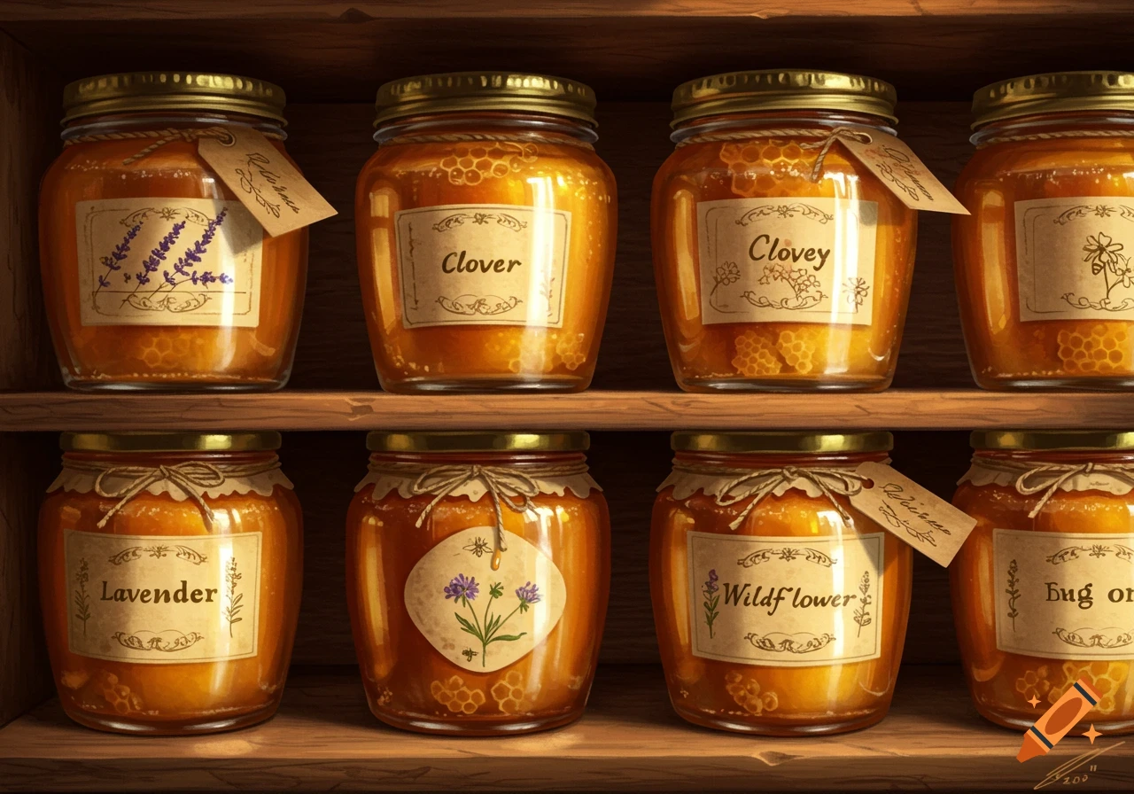 Eight jars of golden honey with honeycomb on wooden shelves, with various labels like 'Clover', 'Lavender', and 'Wildflower' visible.