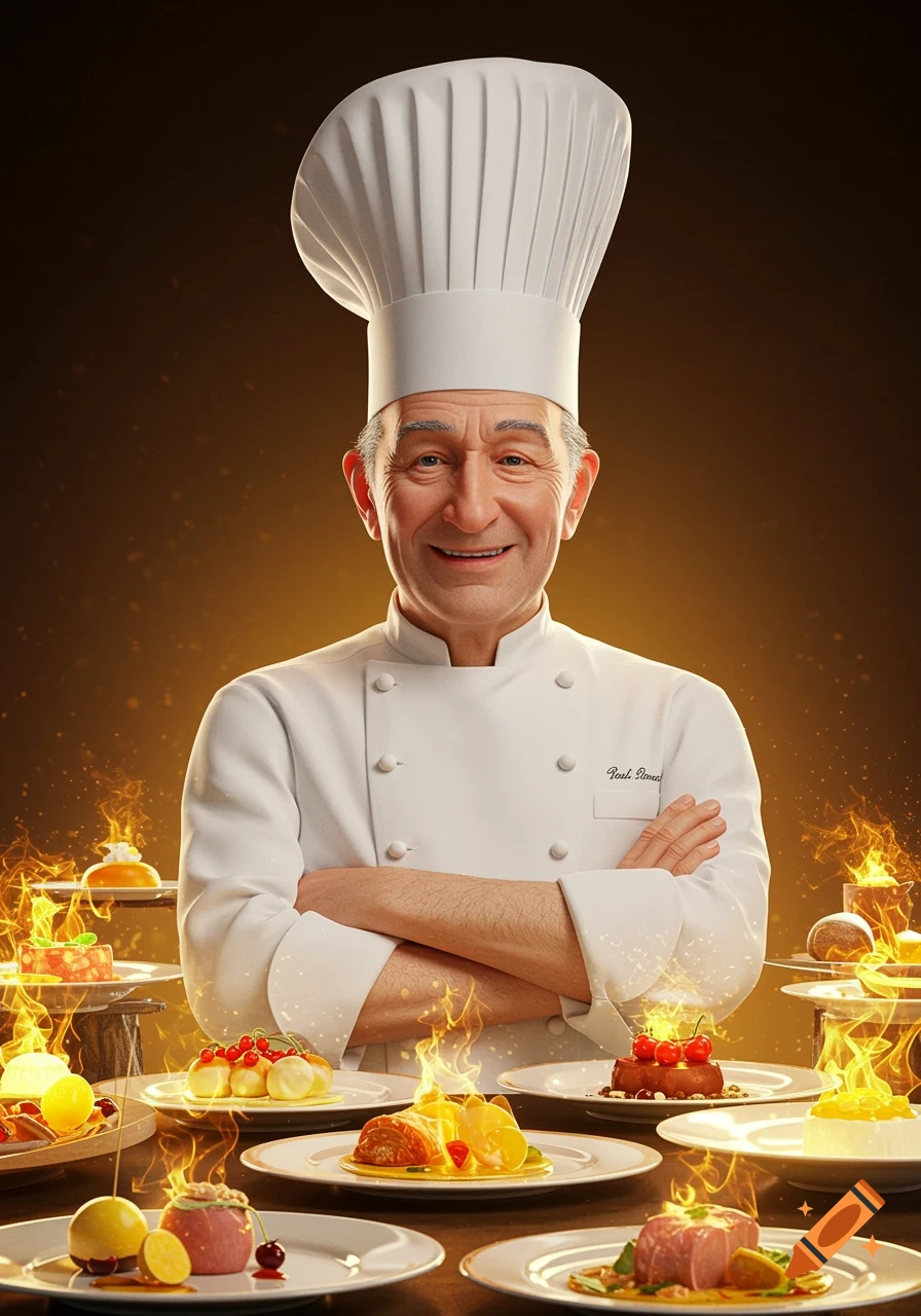 An older chef in a white hat and jacket, arms crossed, smiling proudly, surrounded by glowing gourmet dishes in a smooth animated cartoon style.