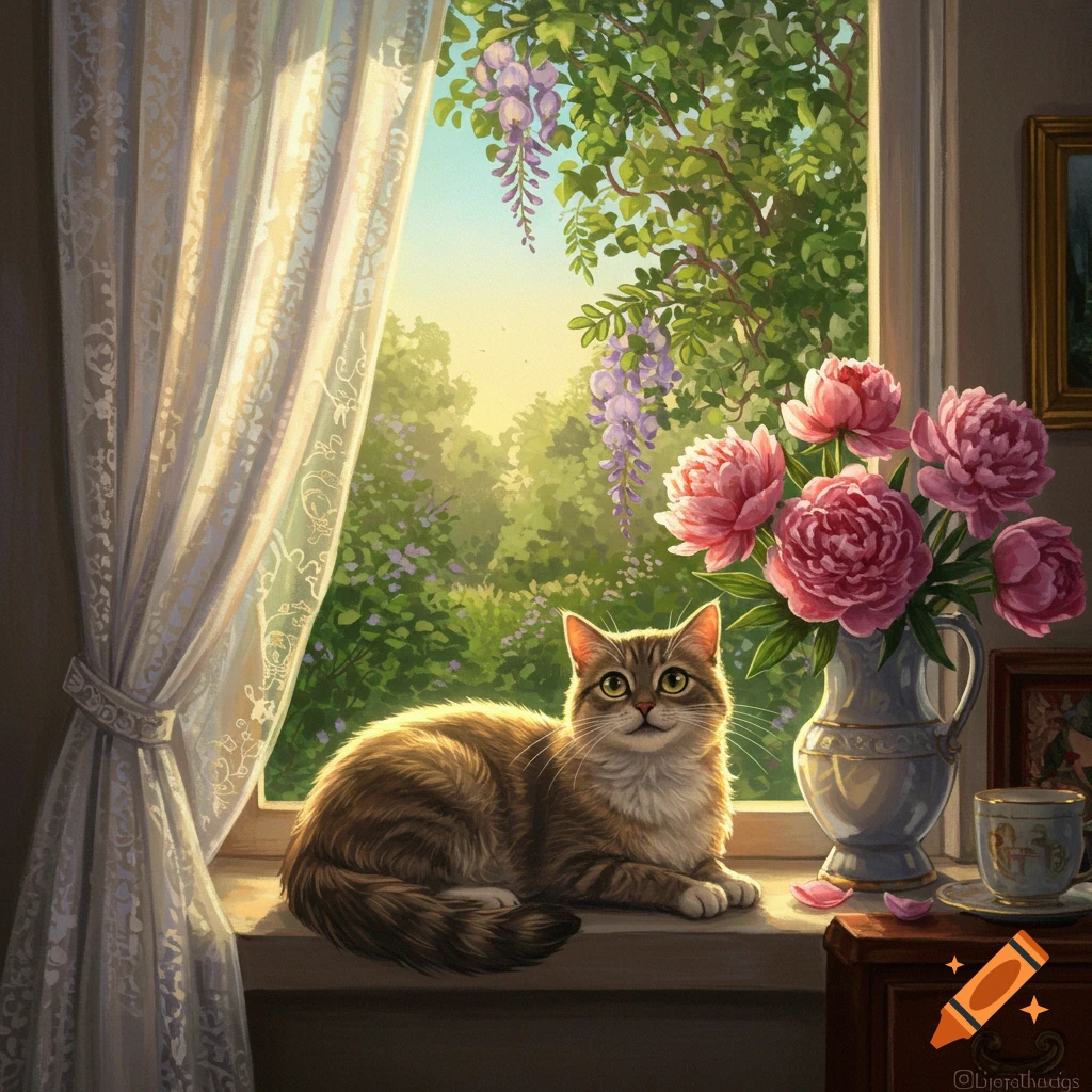 Fluffy tabby cat on a sunlit windowsill with pink peonies, looking at a lush garden view.