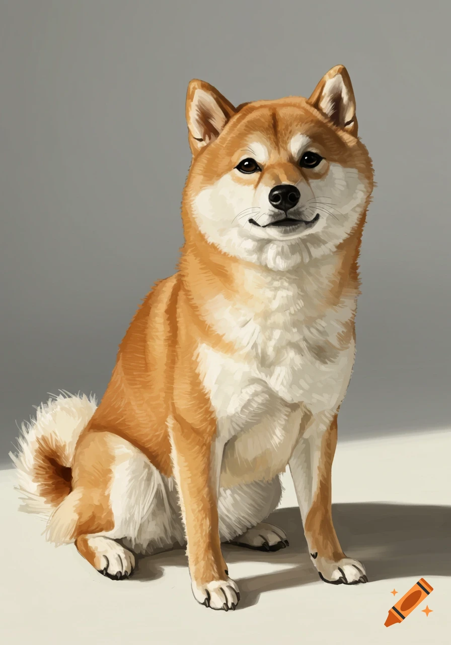 A digital painting of a sitting Shiba Inu dog with orange and white fur against a plain gray background.