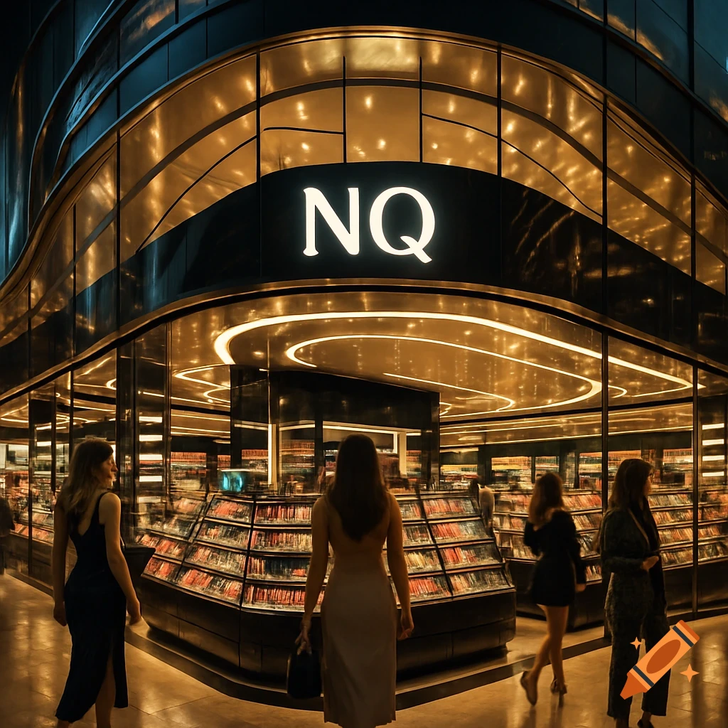 A photorealistic cinematic view of a modern luxury store with 'NQ' on its sign, brightly lit, with people shopping.