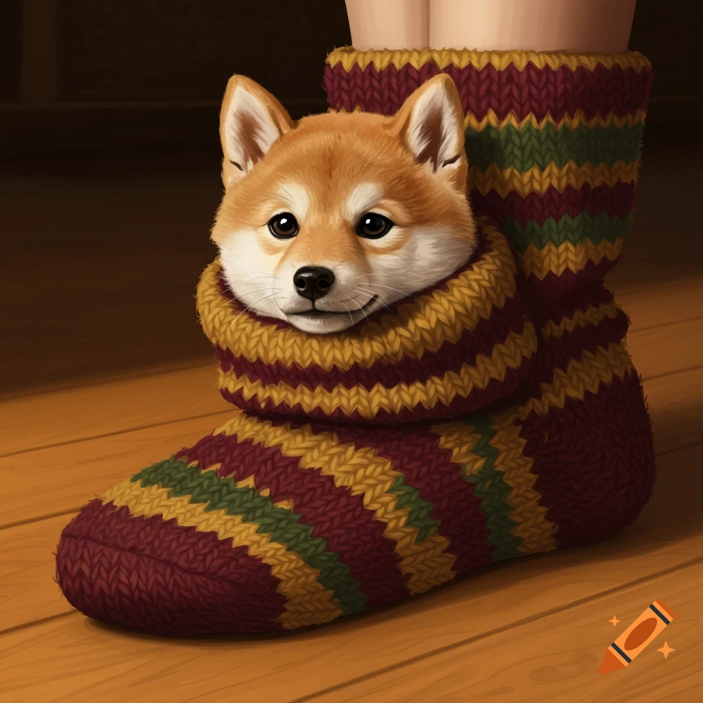 A cute Shiba Inu puppy peeking out of a striped knitted sock on a wooden floor, digital art.