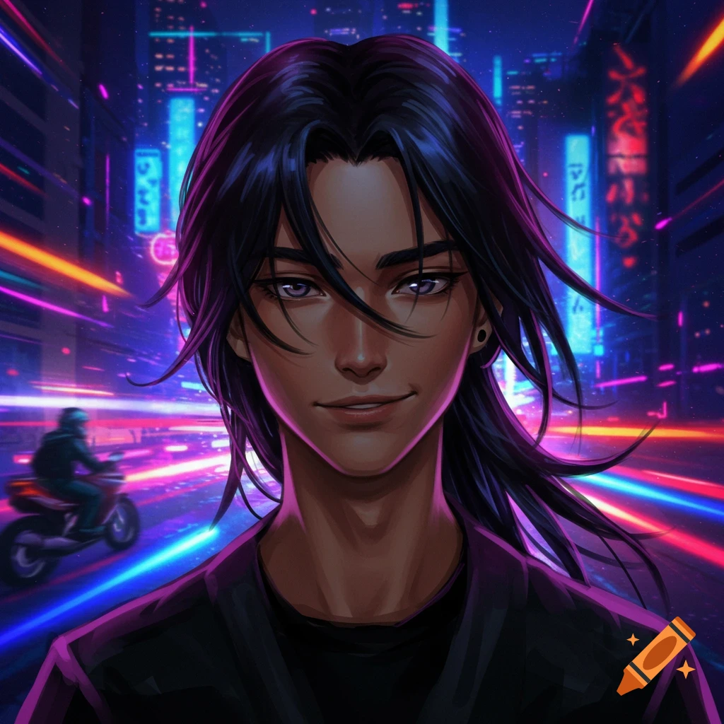Anime portrait of a tan boy with long dark hair, smiling in a neon-lit cyberpunk city with light trails and a distant motorcycle.