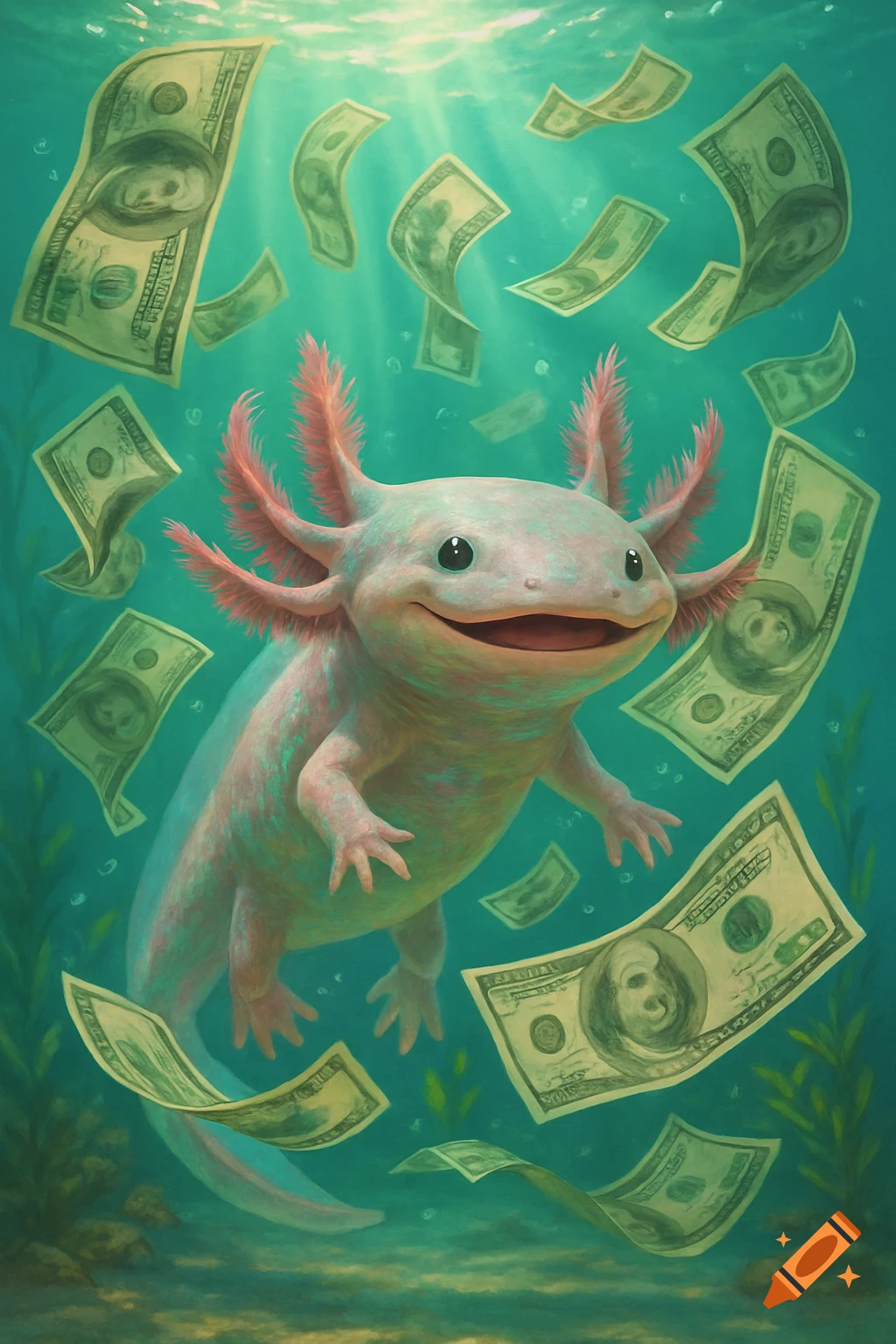 A cute pink axolotl smiles broadly while swimming underwater, surrounded by numerous floating hundred-dollar bills.