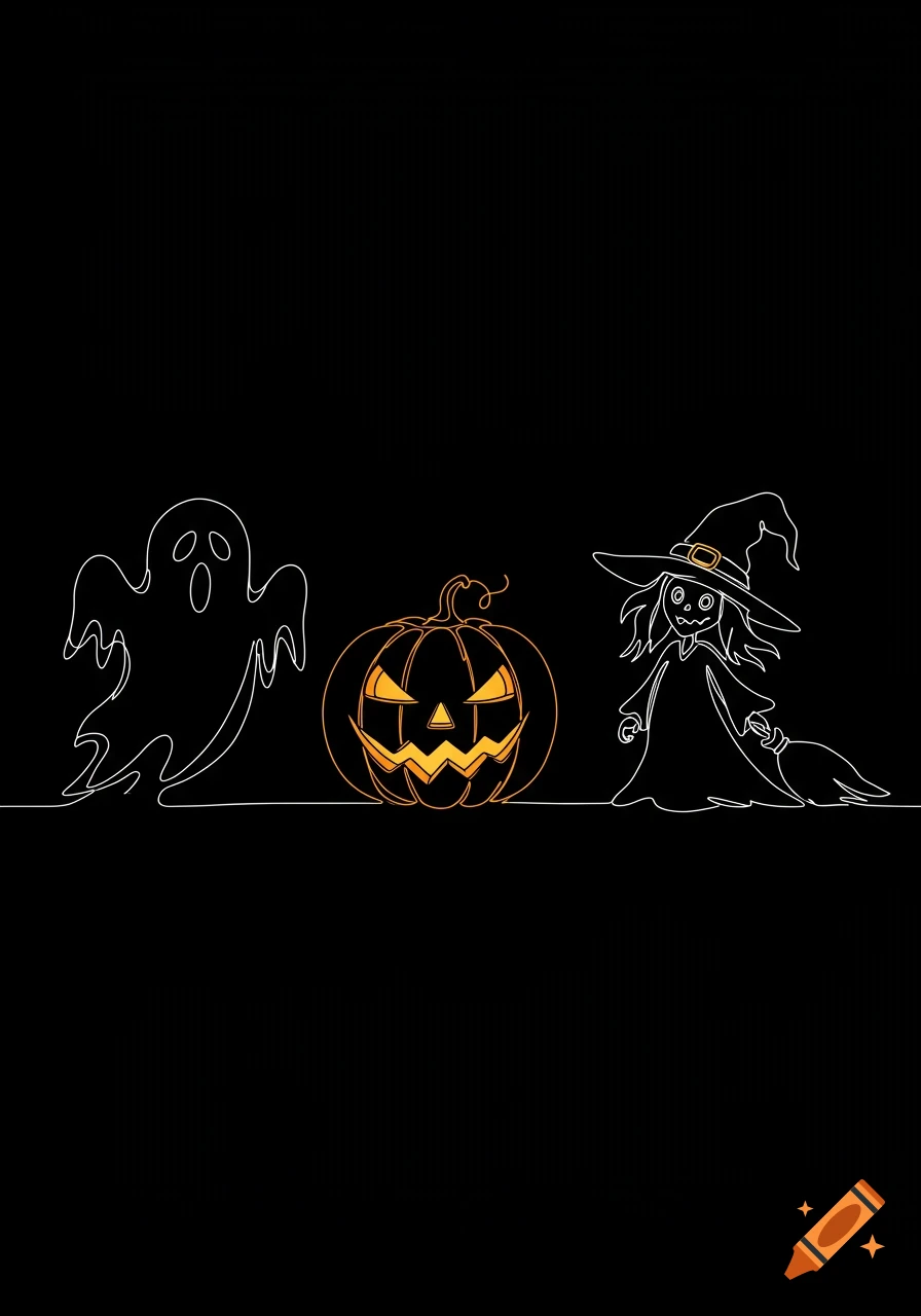 Single-line drawing of a ghost, a glowing jack-o'-lantern, and a witch with a broom on a black background.