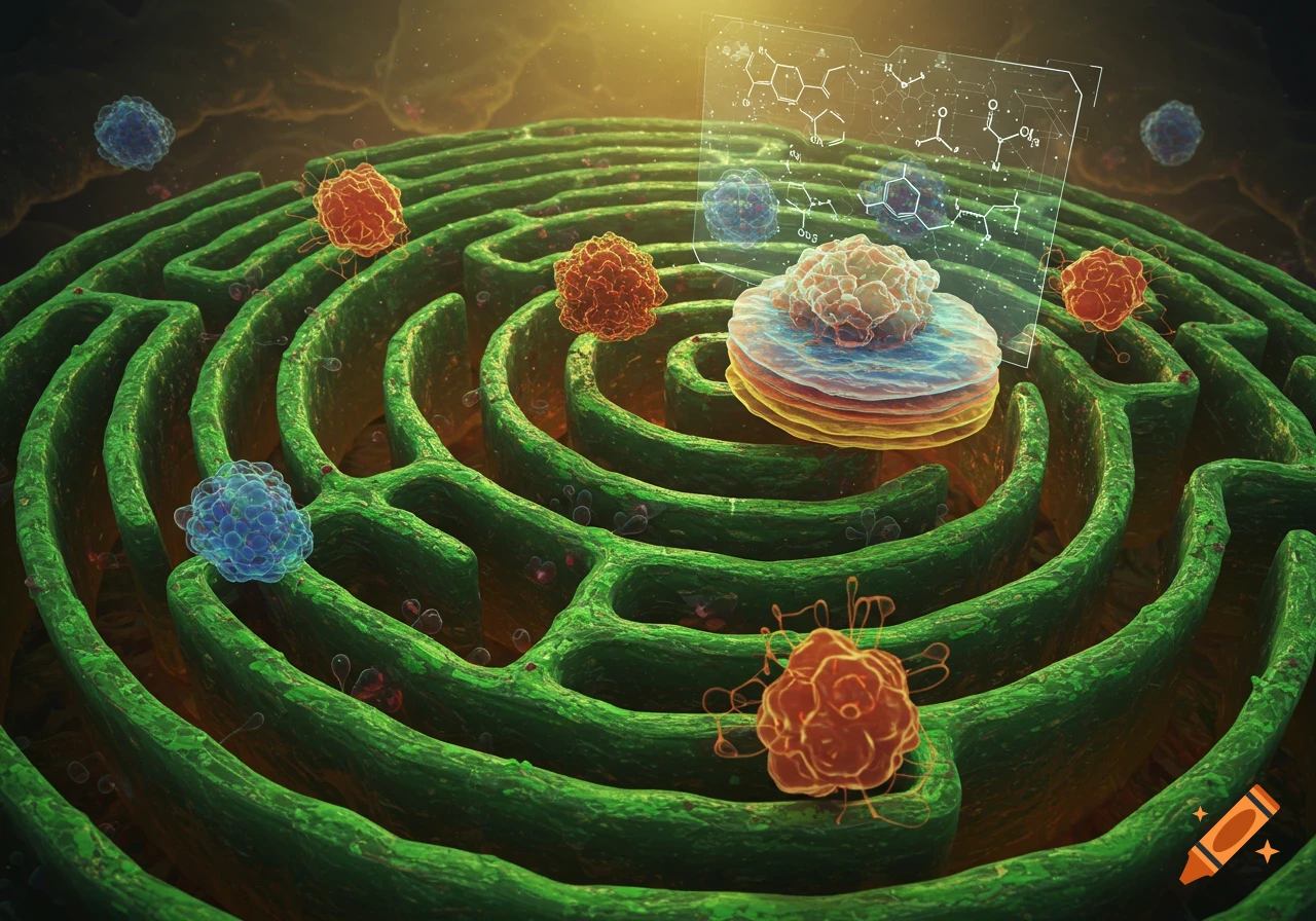 Microscopic view of a green cellular labyrinth with colorful cells and a holographic display of chemical structures.