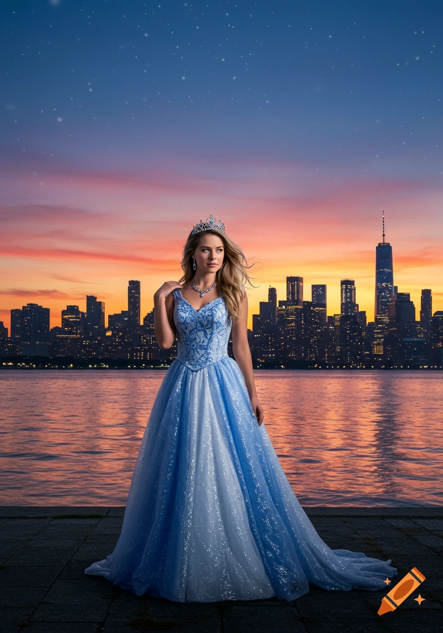 Photorealistic image of a woman in a shimmering blue ball gown and tiara, standing by a waterfront with a city skyline at sunset.
