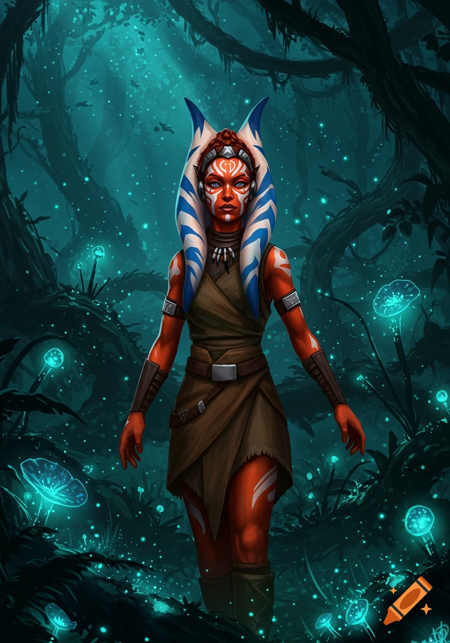 Digital painting of Ahsoka Tano, a Togruta with orange skin and blue-white lekku, in a glowing turquoise jungle.
