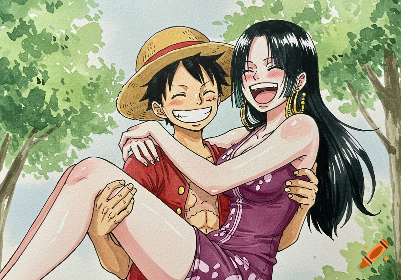 Watercolor painting of Monkey D. Luffy carrying Boa Hancock, both laughing, with trees in the background.