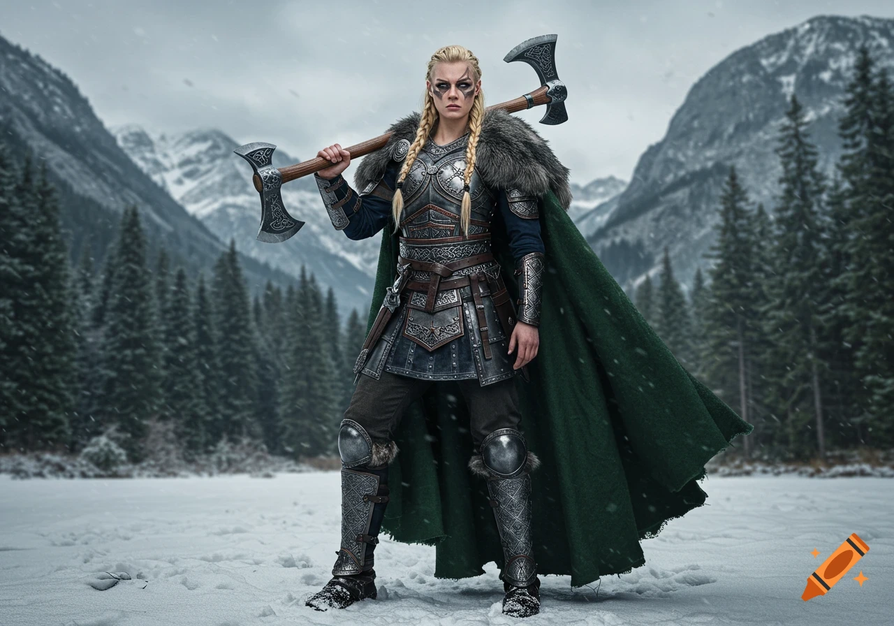 A photorealistic Viking warrior woman with braids, in armor and a green cape, holding a double axe in a snowy mountain landscape.
