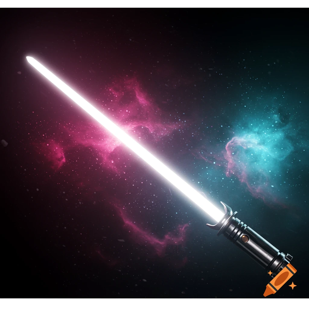 A glowing white lightsaber with a detailed hilt, set against a dark starry space background with pink and blue nebulae.