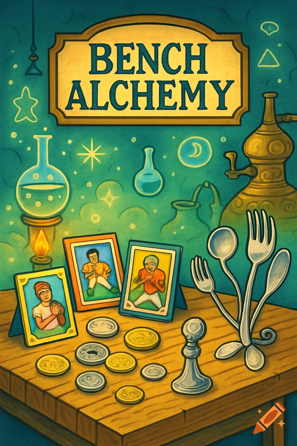 A cartoon illustration of a workbench with a 'Bench Alchemy' sign, beakers, coins, sports cards, and silverware.