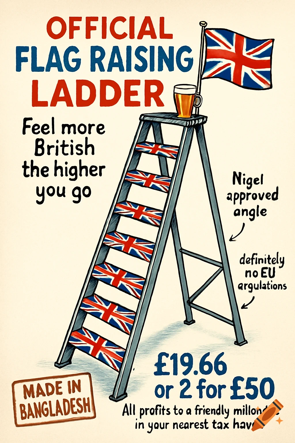 A satirical cartoon depicting a ladder with Union Jack steps, a British flag and a pint at the top, and text satirizing British nationalism and Brexit.