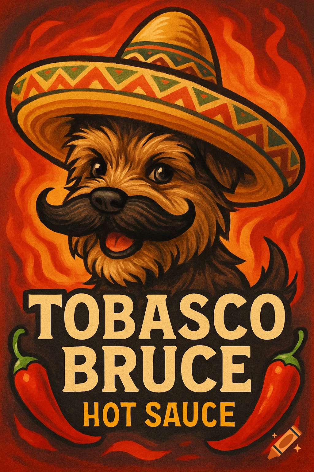A cartoon illustration of a brown terrier dog with a mustache and sombrero, with "Tobasco Bruce Hot Sauce" text and red chili peppers.