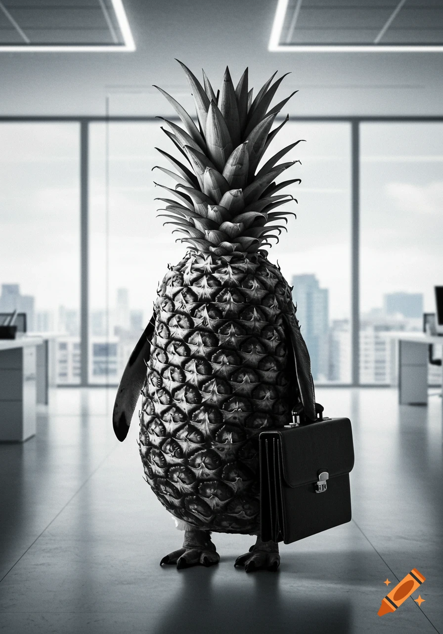 Black and white photorealistic image of a pineapple with penguin flippers and feet, standing in an office and holding a briefcase.