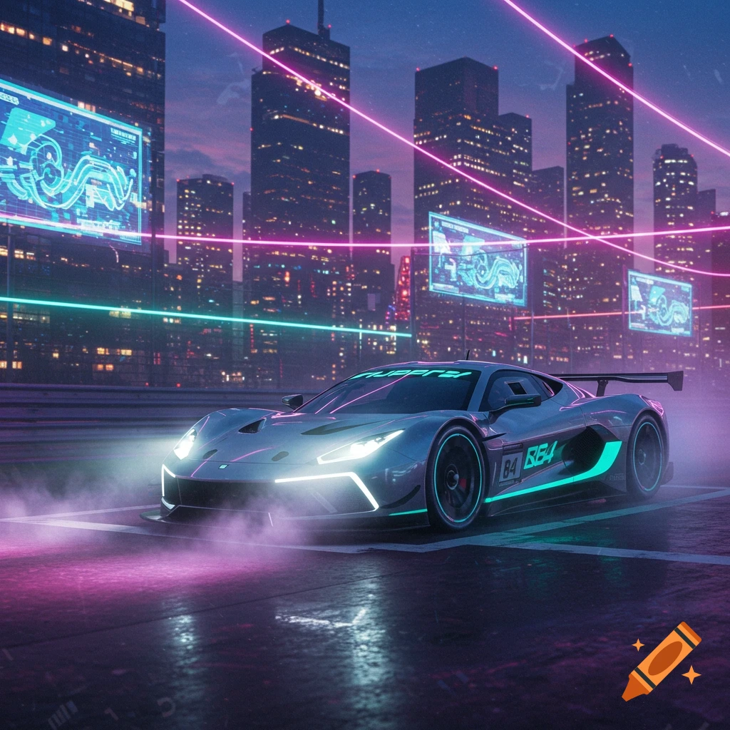 Sleek futuristic sports car with neon accents drives through a vibrant, neon-lit cyberpunk city at night.