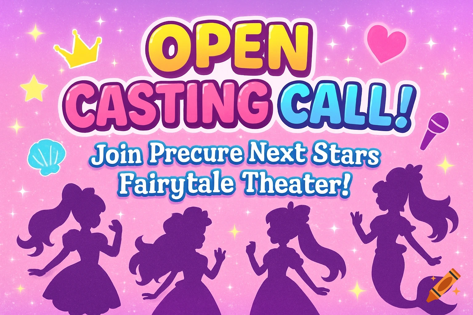 Sparkly pink and purple casting call poster for 'Precure Next Stars Fairytale Theater' with magical girl and mermaid silhouettes, stars, and hearts.