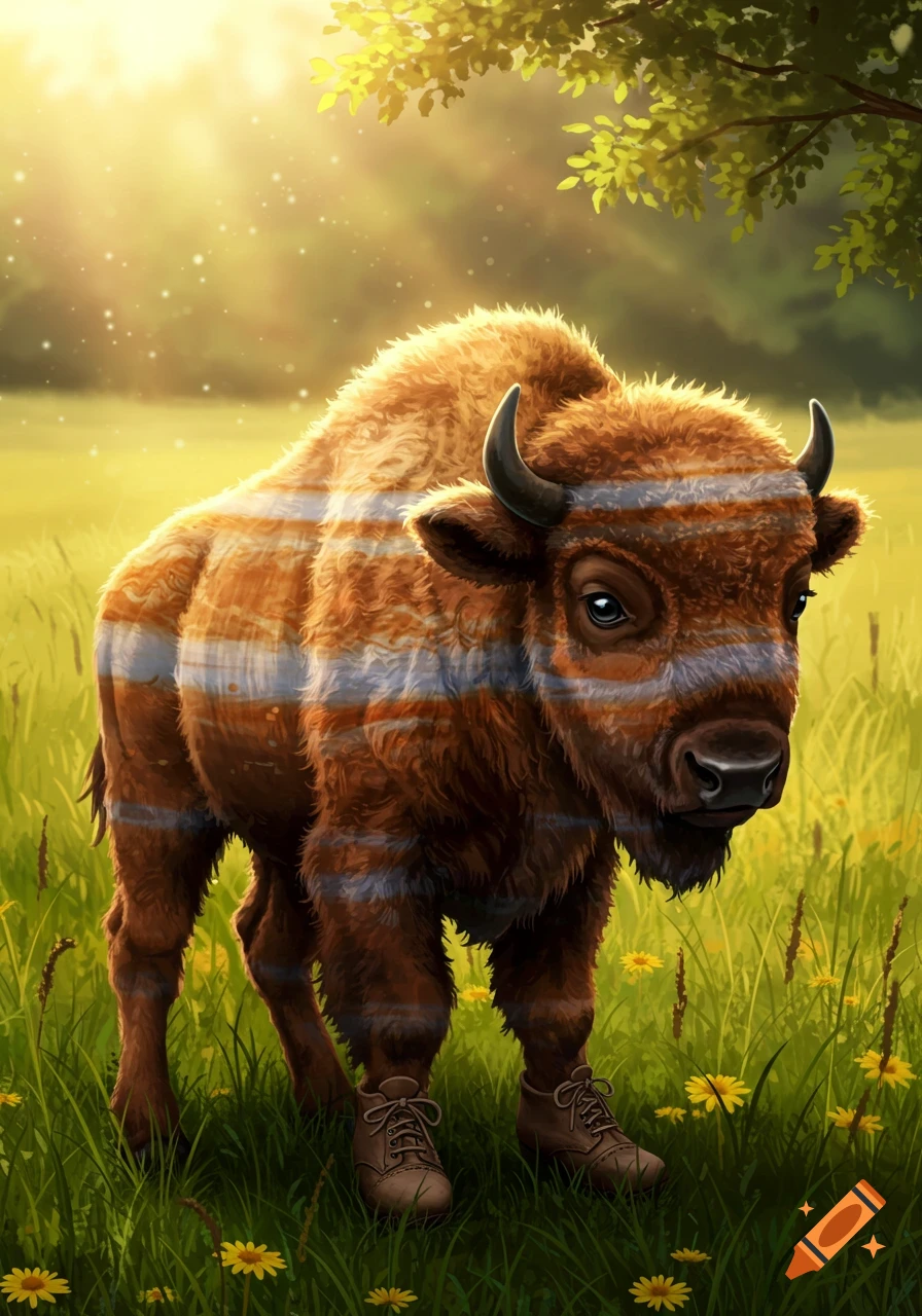 A baby bison with orange and blue stripes on its body stands in a sunny field, wearing brown lace-up shoes.