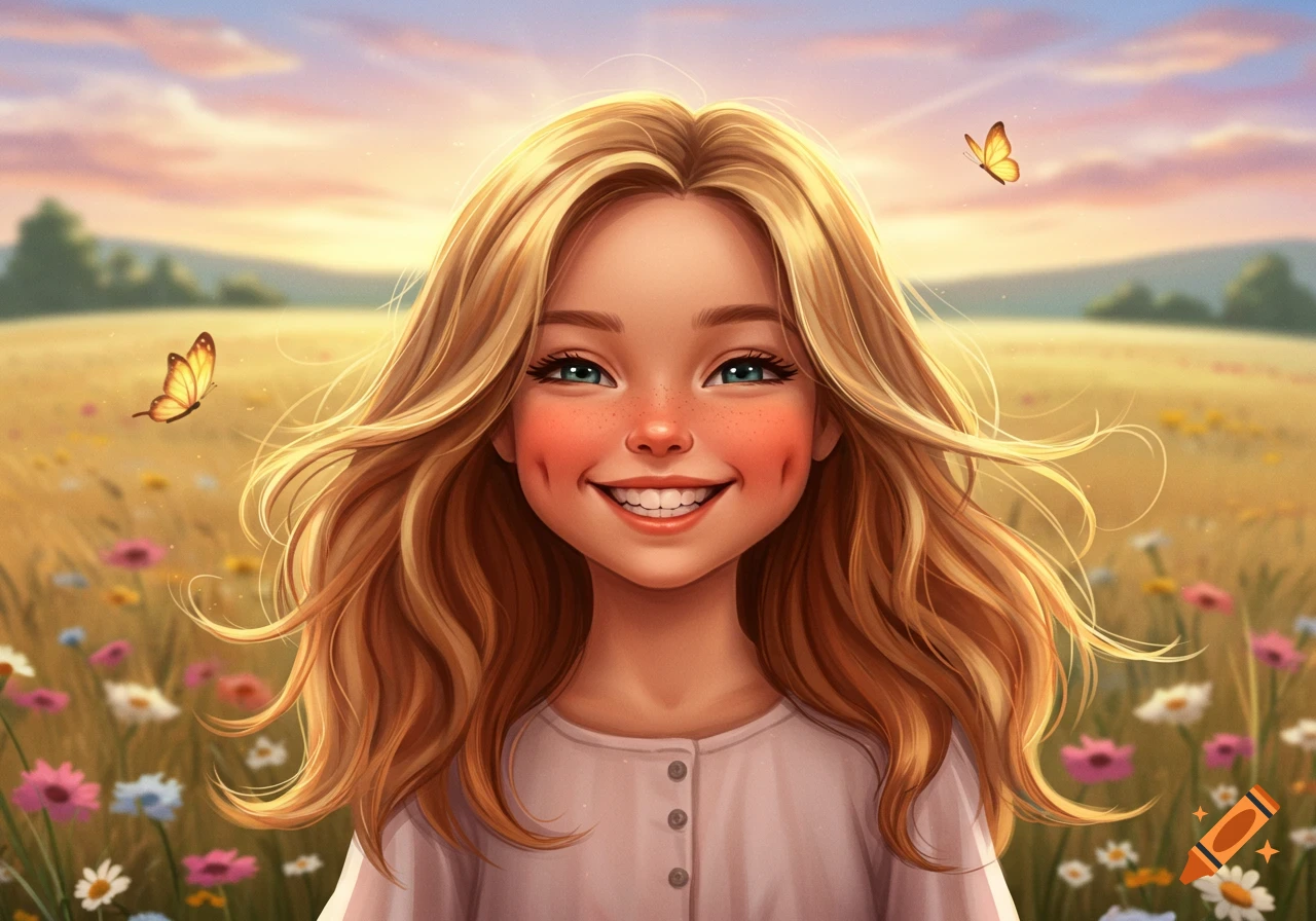A cheerful strawberry blonde girl with dimples smiles brightly in a sunlit field of wildflowers with butterflies, in a vibrant digital illustration.