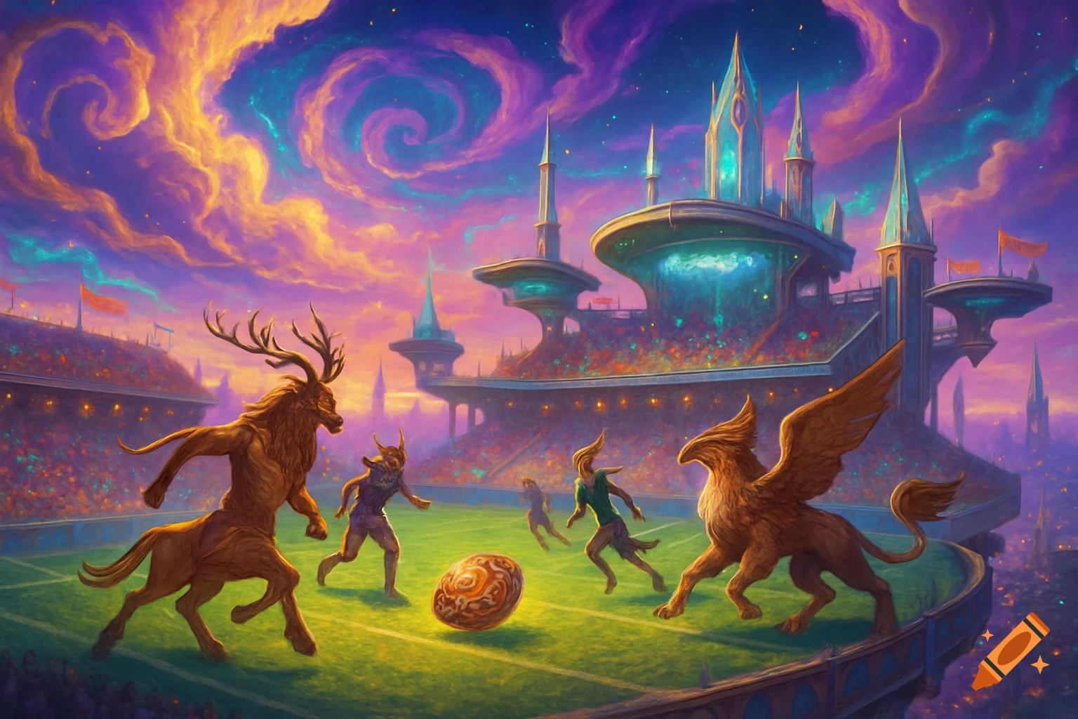 Fantasy creatures play football in a grand stadium under a vibrant, swirling sky, digital art.