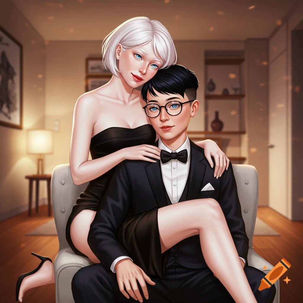 Digital illustration of an albino woman with white hair in a black dress embracing her girlfriend in a tuxedo in their home.