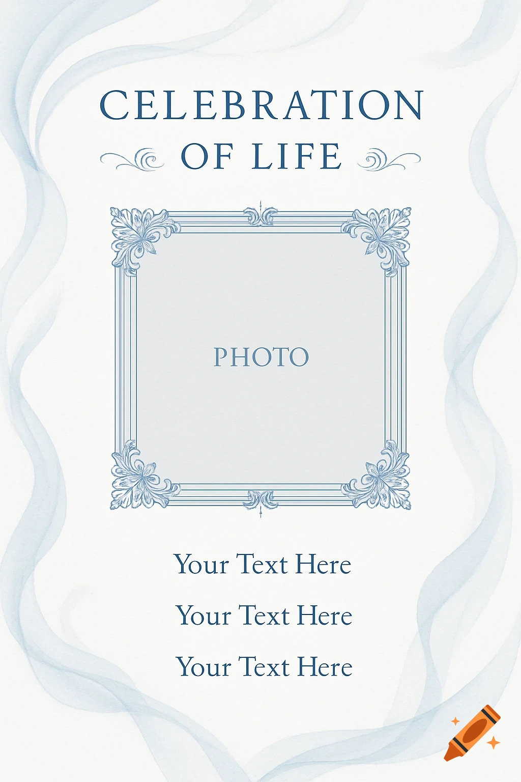 Blue and white celebration of life invitation template with a decorative photo frame and placeholder text.