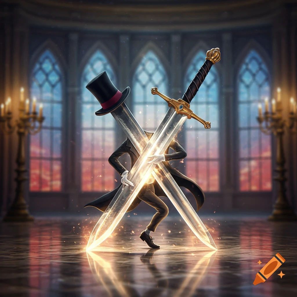 Two personified, glowing swords, one with a top hat, dance in a grand, ornate hall.