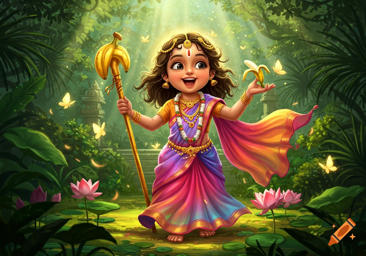 A joyful cartoon Hindu girl in colorful traditional attire holds a banana staff and a peeled banana in a vibrant, lush jungle with lotus flowers and butterflies.