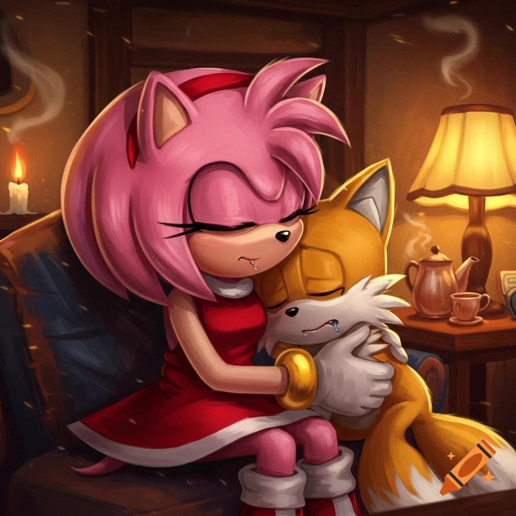 Amy Rose hugs a sleeping Tails, who drools on her, in a warm, dimly lit room.