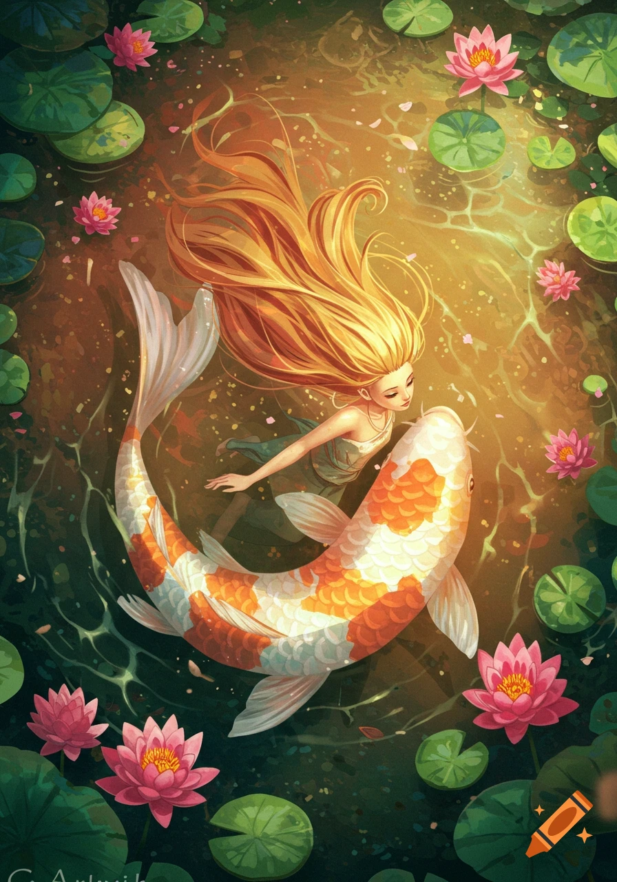 A vibrant illustration of a long-haired girl swimming with a large koi fish in a lily pond with pink lotus flowers.