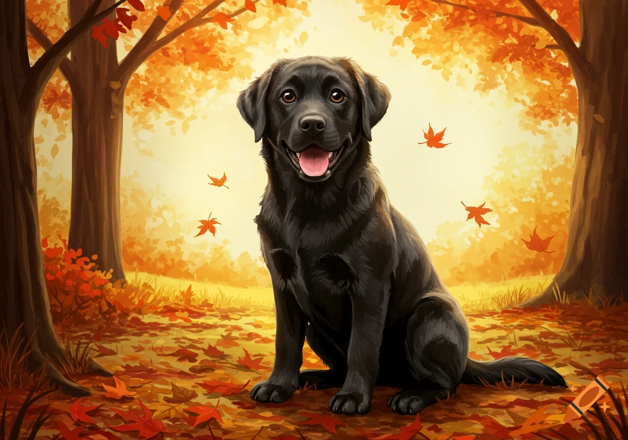 A happy black labrador dog sits in an autumn forest with falling leaves, illustrated in a digital painting style.
