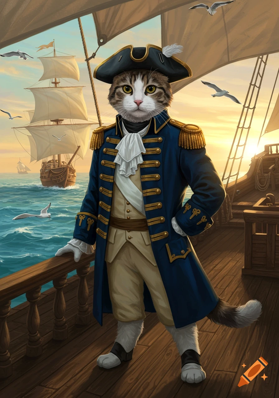 A tabby cat dressed as a captain in a blue coat stands on a wooden ship deck at sunset, with other sailing ships and seagulls.