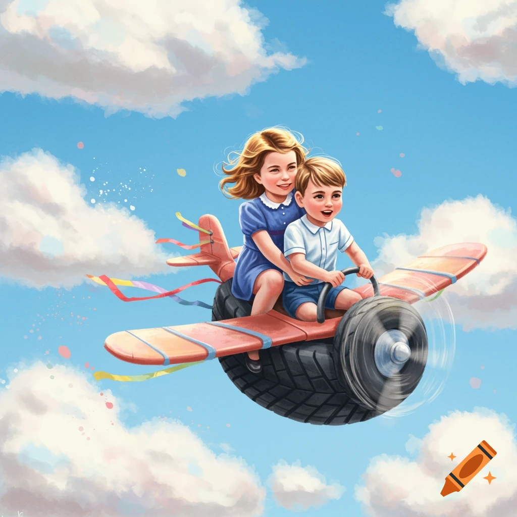 Illustration of two happy children riding a whimsical tire airplane in a bright blue sky with clouds.