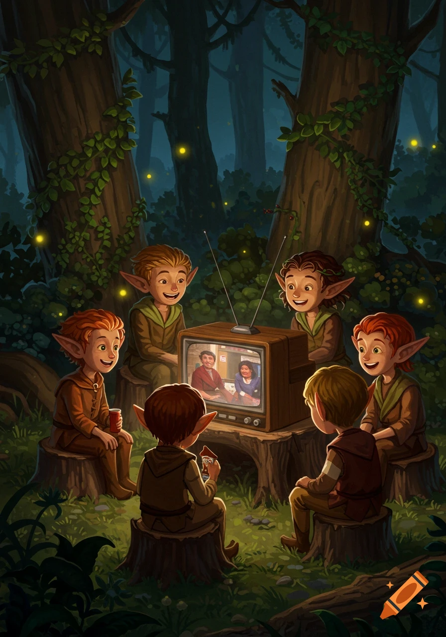 Six wood elves watch a vintage TV on a tree stump in a magical forest, with glowing fireflies. Illustration.