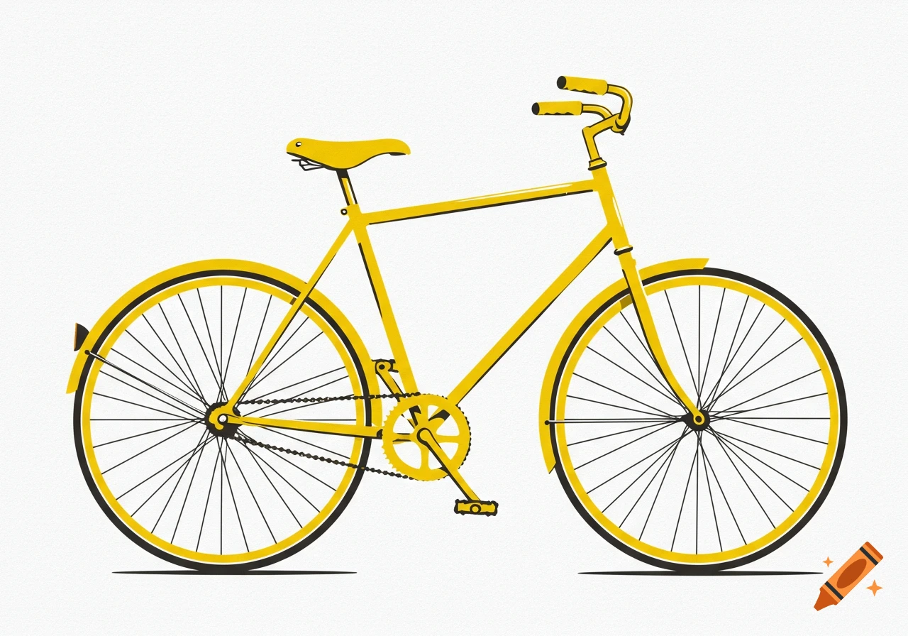 A minimalist stencil drawing of a yellow bicycle on a white background.