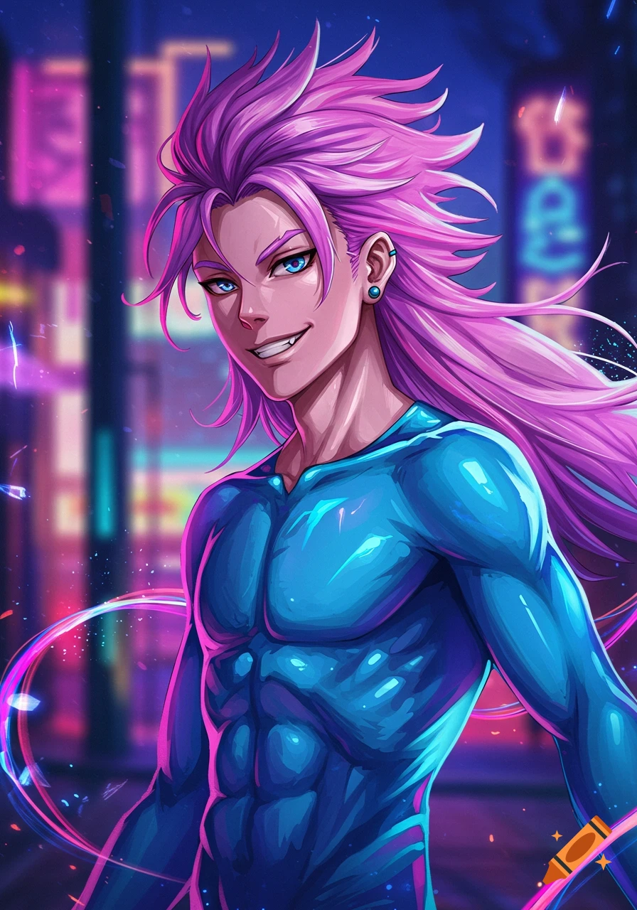 Anime character with spiky pink hair, blue eyes, and a muscular blue shirt smiles in a neon-lit cyberpunk city.