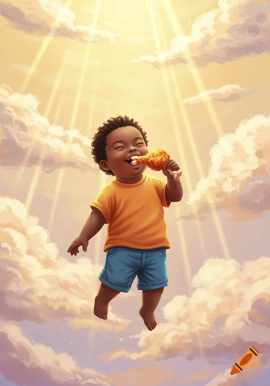 A happy cartoon baby with dark curly hair eats a fried chicken leg while floating joyfully among sunlit clouds in a bright sky.