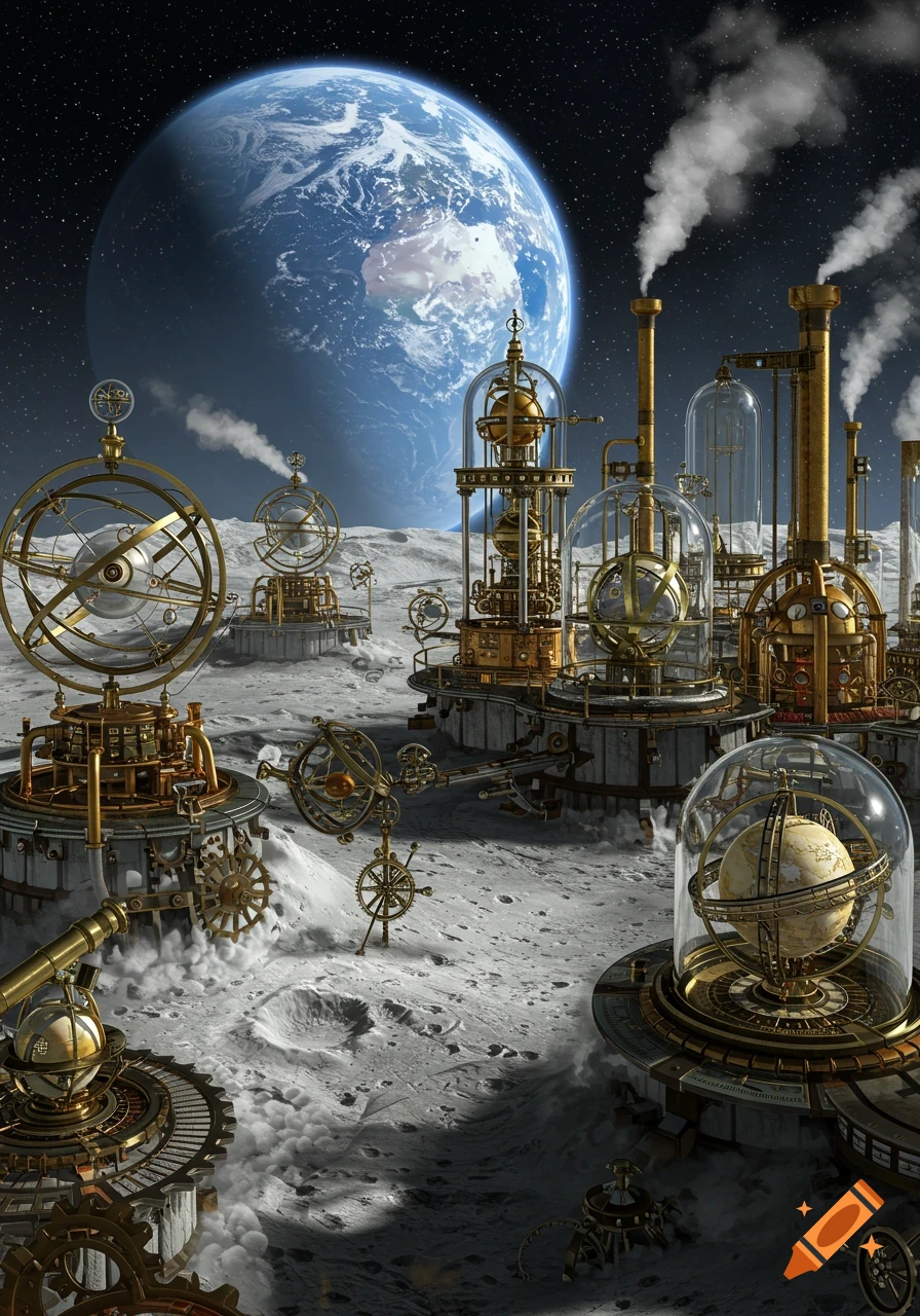 A detailed steampunk city on the moon, with brass structures, gears, and smoking chimneys, under a large Earth in the night sky.