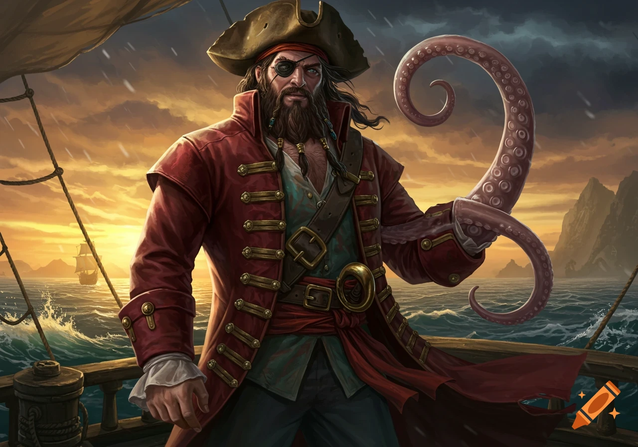 A handsome pirate captain with an eyepatch and a tentacle arm stands on a ship deck at sunset, digital painting.