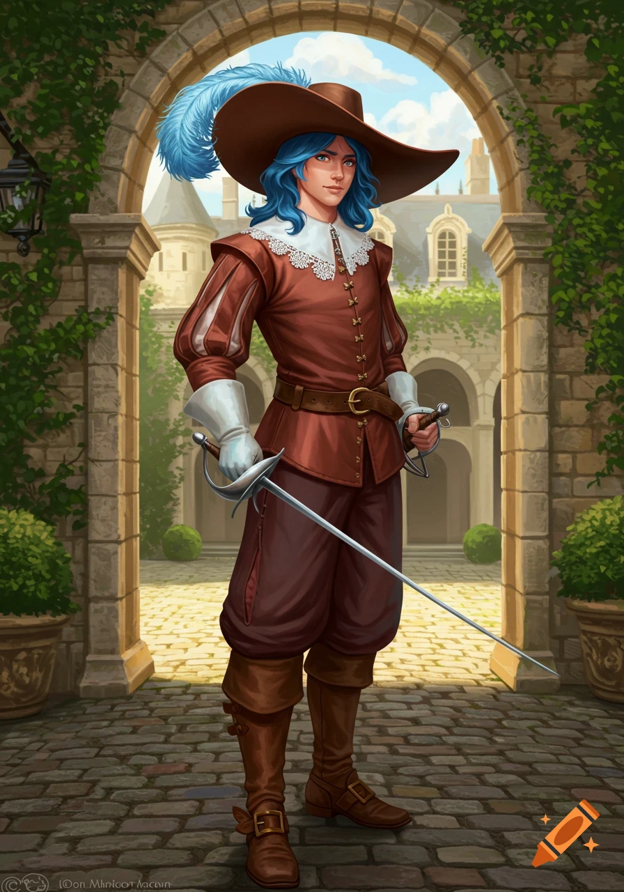 A blue-haired musketeer in a brown hat and uniform, holding a rapier, stands under a stone archway in a castle courtyard. Digital painting.