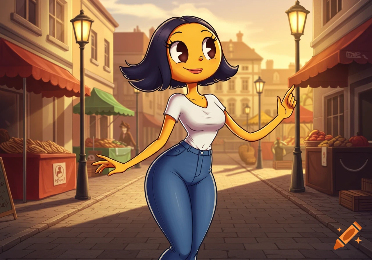 A cheerful cartoon woman with yellow skin and dark bobbed hair, wearing a white t-shirt and jeans, poses on a cobblestone street in a bustling market during sunset, in a classic rubber hose animation style.